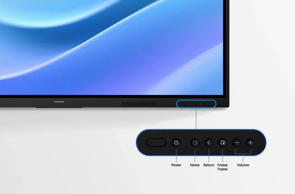 Painel frontal e conexões USB da Tela Interativa Samsung Repremig